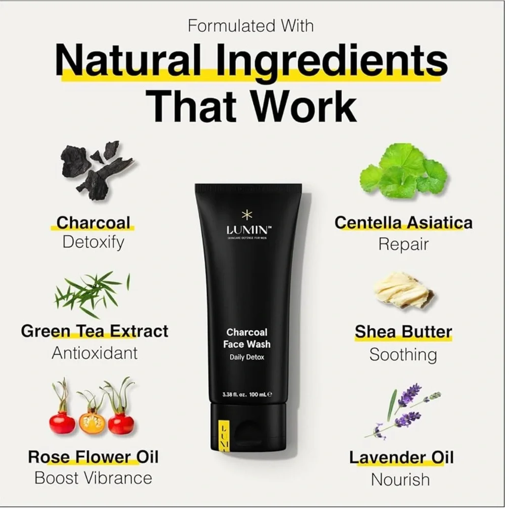LUMIN Skin care Defense For Men Charcoal Face Wash Daily Detox 3.38 Fl.Oz No Box